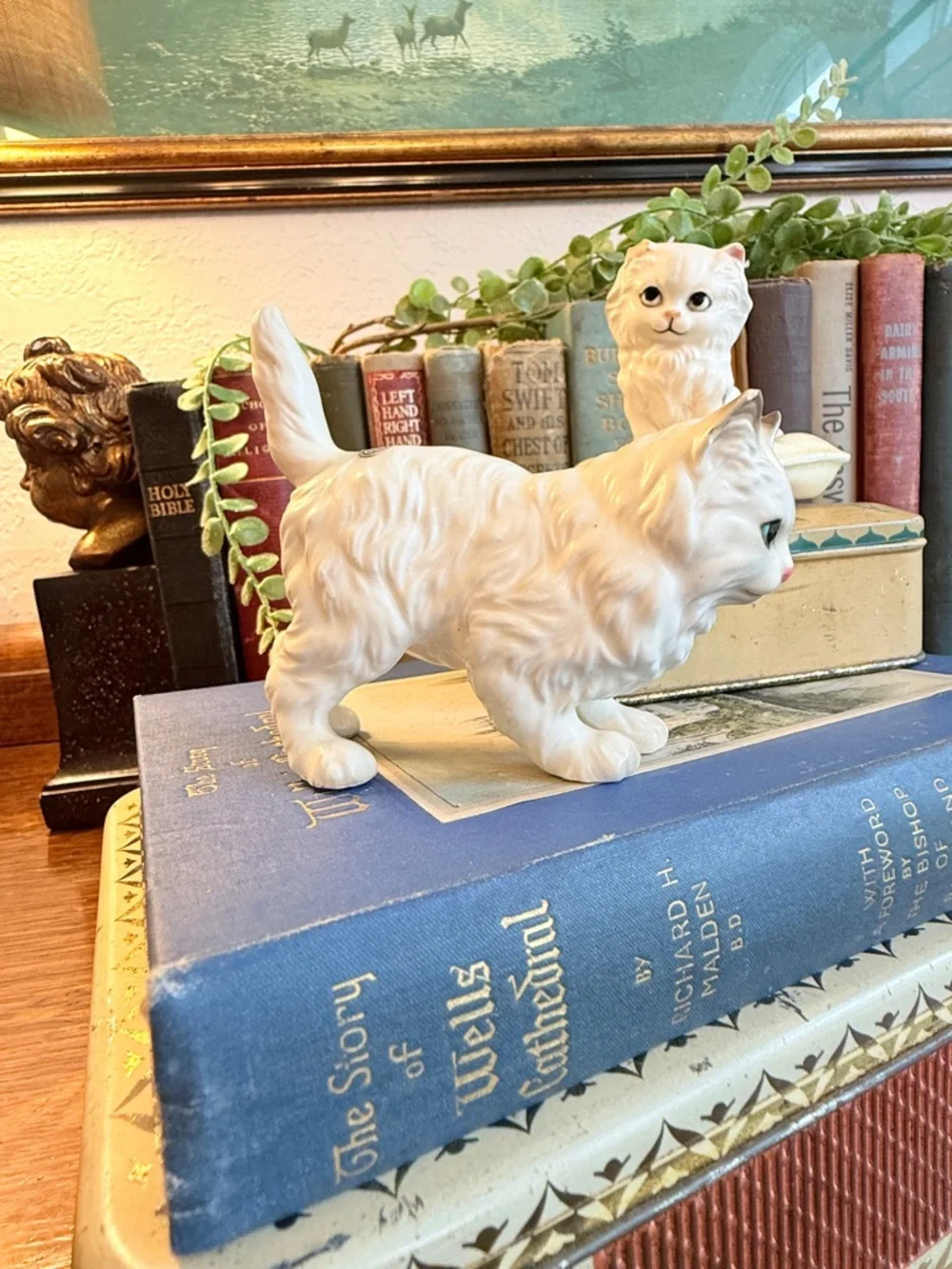 Vintage White Ceramic Kitten on Pillow Figurine with Mama Cat
